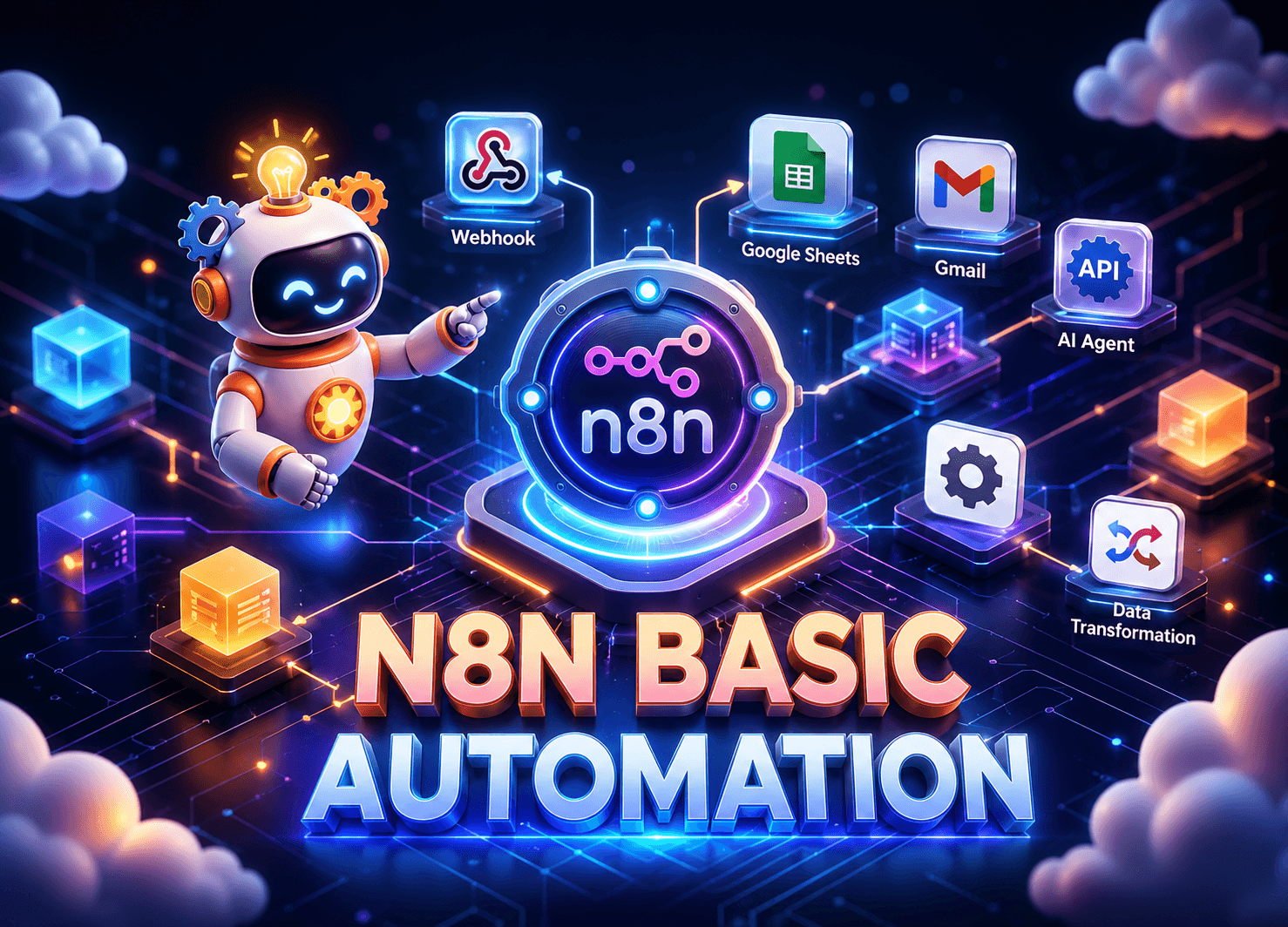 n8n điều phối trung tâm, kết nối Webhook, Google Sheets, Gmail, AI Agent và các công cụ tự động hóa khác